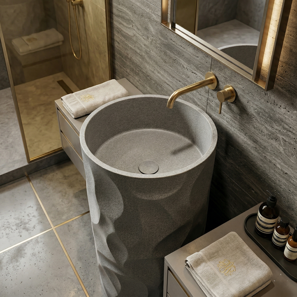 Bassino Designer Pedestal Basin (18 x 18 x 35 Inches) – Textured Grey Freestanding Wash Basin | Modern Floor Standing Sink