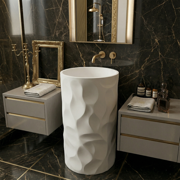 Bassino Designer Pedestal Basin (18 x 18 x 35 Inches) – Textured White Freestanding Wash Basin | Modern Floor Standing Sink