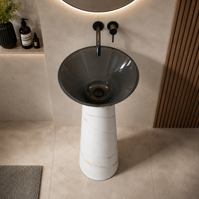 Top Black Rasin And Bottom Artificial Stone White Satvario Pedestal basin 