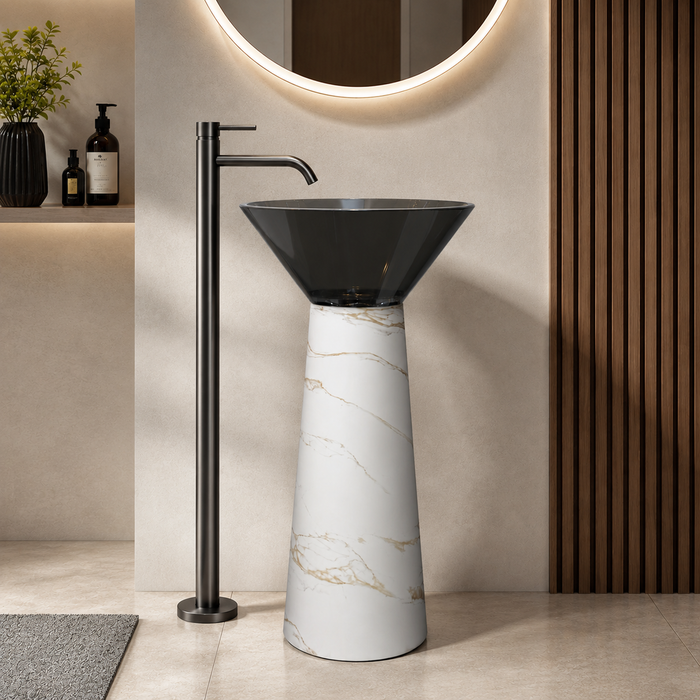 Top Black Rasin And Bottom Artificial Stone White Satvario Pedestal basin 