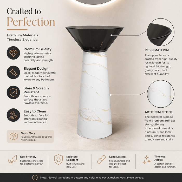 Top Black Rasin And Bottom Artificial Stone White Satvario Pedestal basin 