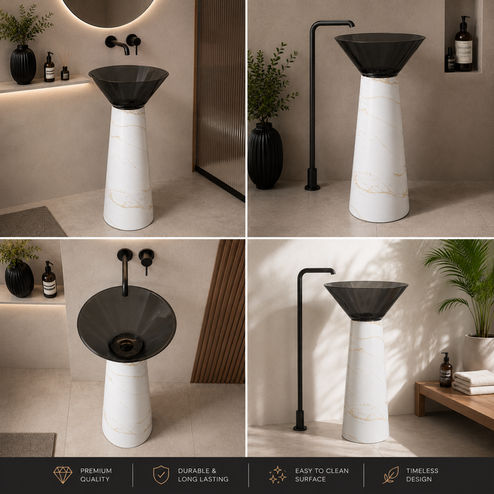 Top Black Rasin And Bottom Artificial Stone White Satvario Pedestal basin 