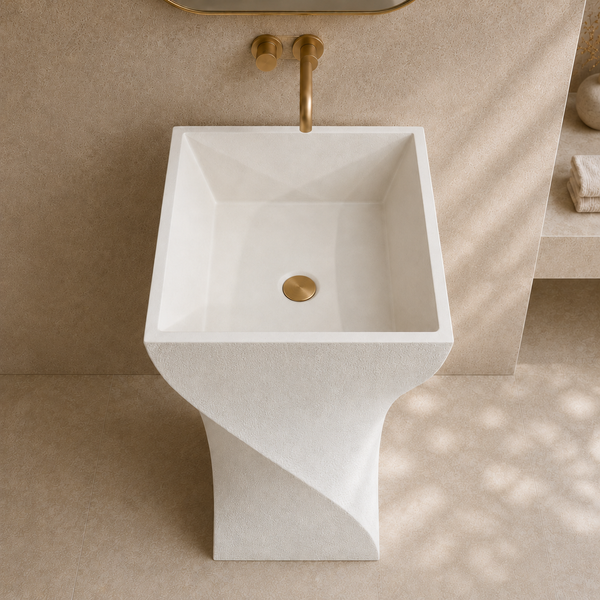 Twisted Architectural Form | Matt Ivory Elegance Artificial Stone Pedestal Basin 16.5″ × 16.5″ × 34″ In