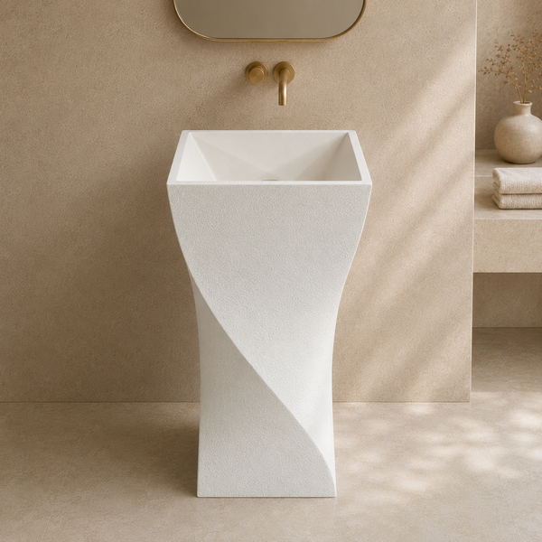 Twisted Architectural Form | Matt Ivory Elegance Artificial Stone Pedestal Basin 16.5″ × 16.5″ × 34″ In