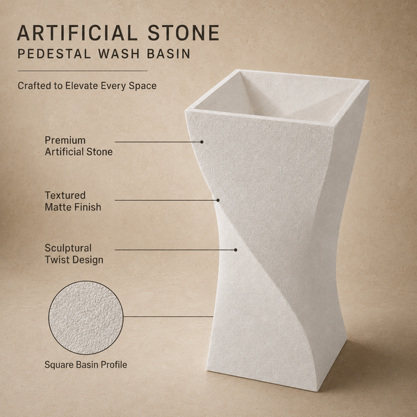 Twisted Architectural Form | Matt Ivory Elegance Artificial Stone Pedestal Basin 16.5″ × 16.5″ × 34″ In