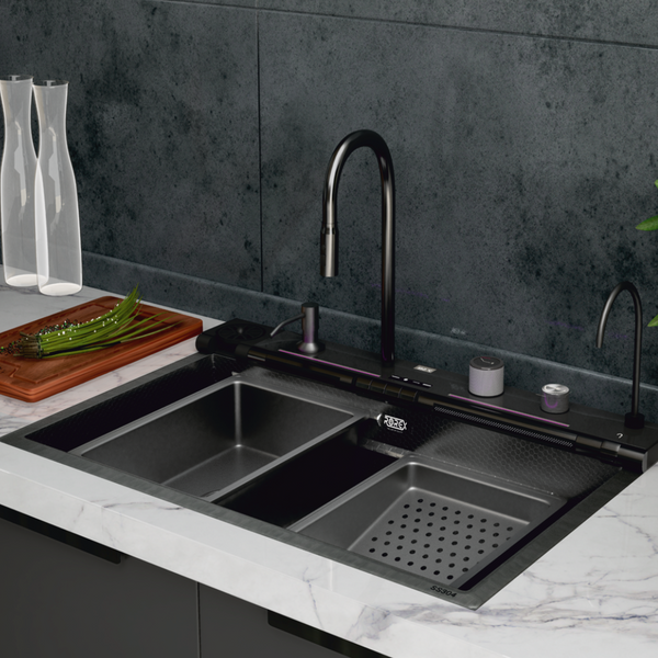 Bassino Premium Smart Kitchen Sink – 304 Stainless Steel | Piano Switch Control | PVD Coated | Pull-Out Faucet | Cup Washer | RO Tap | Drainage Knob | 30x18x9 | 25 Years warranty Black