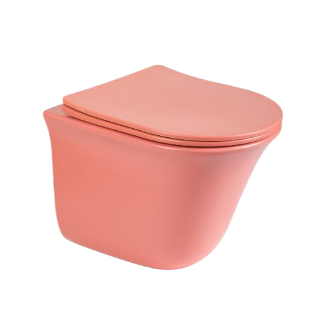 Bassino Ceramic Wall Mount/Wall Hung Western Toilet/Commode/Water Closet /European Commode P Trap Outlet Is From WALL With Soft Close Seat Cover For Bathrooms (Size : 470*355*365mm) MATT PINK