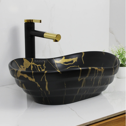 BASSINO Art Wash Basin Countertop, Tabletop Ceramic finish Bathroom Sink/Basin (455x345x140mm) (BLACK) (Black Gold)