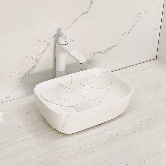 BASSINO Art Wash Basin Countertop, Tabletop Ceramic Bathroom Sink/Basin (360x240x120mm) (WHITE MARBLE)