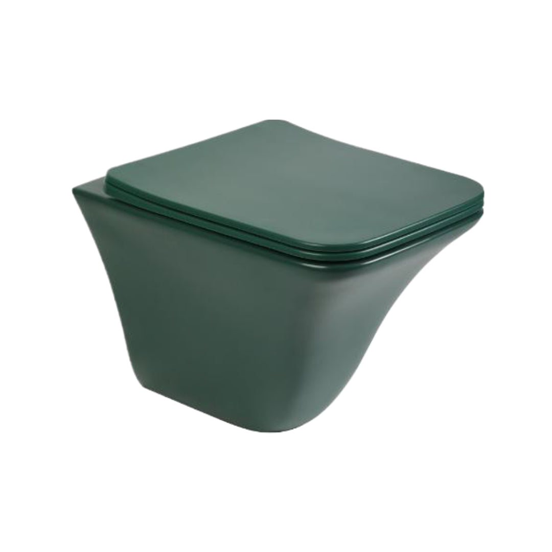 Bassino Ceramic Wall Mount/Wall Hung Western Toilet/Commode/Water Closet /European Commode P Trap Outlet Is From WALL With Soft Close Seat Cover For Bathrooms (Size : 500*355*370mm) MATT GREEN