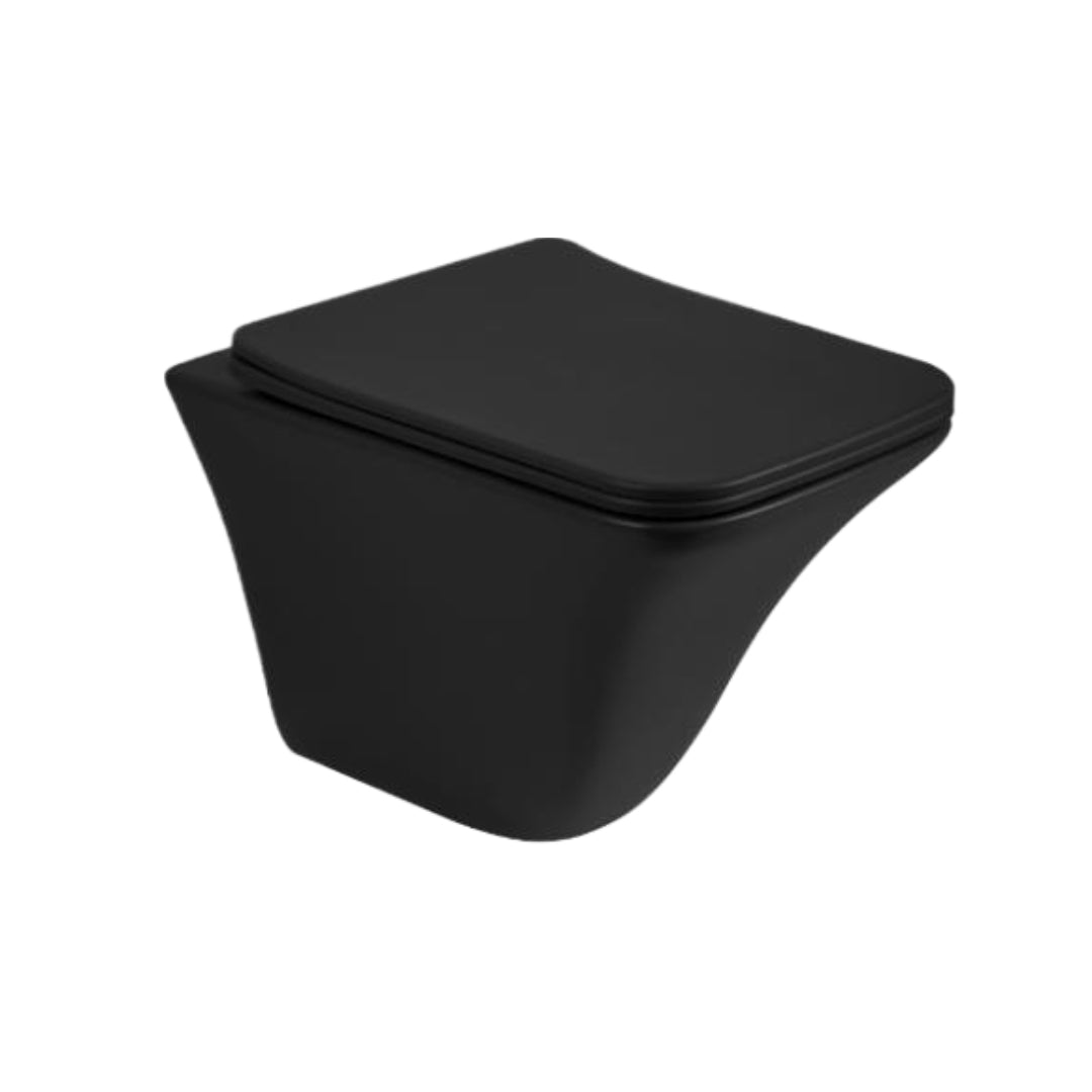 Bassino Ceramic Wall Mount/Wall Hung Western Toilet/Commode/Water Closet /European Commode P Trap Outlet Is From WALL With Soft Close Seat Cover For Bathrooms (Size : 500*355*370mm) MATT BLACK