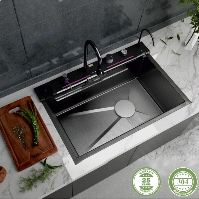 Bassino Premium Smart Kitchen Sink – 304 Stainless Steel | Piano Switch Control | Black PVD Coated | Pull-Out Faucet | Cup Washer | RO Tap | Drainage Knob | 30x18x9