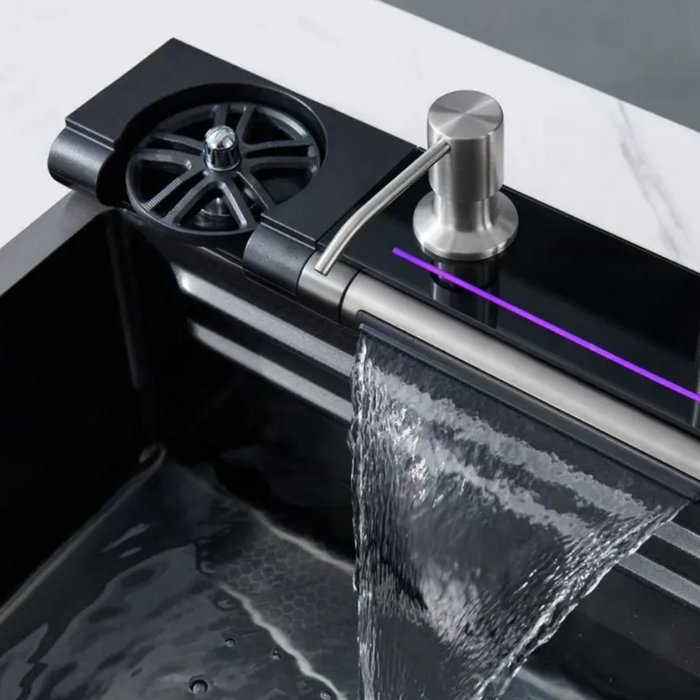 Bassino Premium Smart Kitchen Sink – 304 Stainless Steel | Piano Switch Control | Black PVD Coated | Pull-Out Faucet | Cup Washer | RO Tap | Drainage Knob | 30x18x9