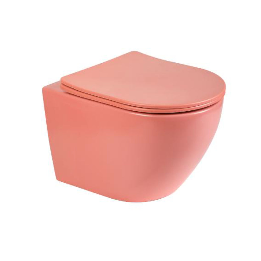 Bassino Ceramic Wall Mount/Wall Hung Western Toilet/Commode/Water Closet /European Commode P Trap Outlet Is From WALL With Soft Close Seat Cover For Bathrooms (Size : 480*370*370mm) MATT PINK