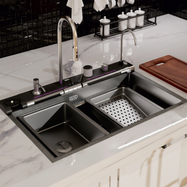 Bassino Premium Smart Kitchen Sink – 304 Stainless Steel | Piano Switch Control | PVD Coated | Pull-Out Faucet | Cup Washer | RO Tap | Drainage Knob | 30x18x9 | 25 Years warranty Silver
