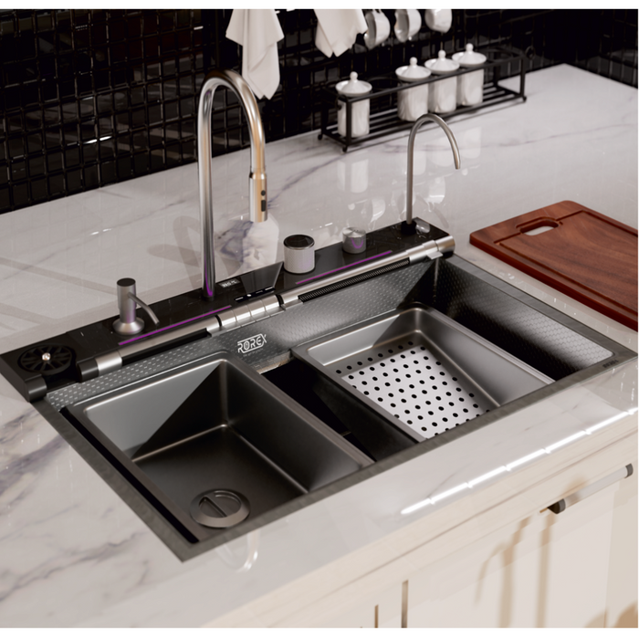Bassino Premium Smart Kitchen Sink – 304 Stainless Steel | Piano Switch Control | Black PVD Coated | Pull-Out Faucet | Cup Washer | RO Tap | Drainage Knob | 30x18x9