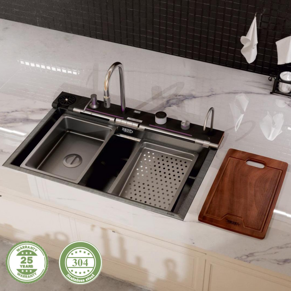 Bassino Premium Smart Kitchen Sink – 304 Stainless Steel | Piano Switch Control | PVD Coated | Pull-Out Faucet | Cup Washer | RO Tap | Drainage Knob | 30x18x9 | 25 Years warranty Silver