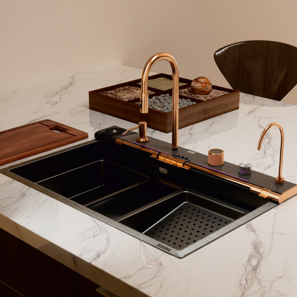 Bassino Premium Smart Kitchen Sink – 304 Stainless Steel | Piano Switch Control | PVD Coated | Pull-Out Faucet | Cup Washer | RO Tap | Drainage Knob | 30x18x9 | 25 Years warranty Black-Rosegold