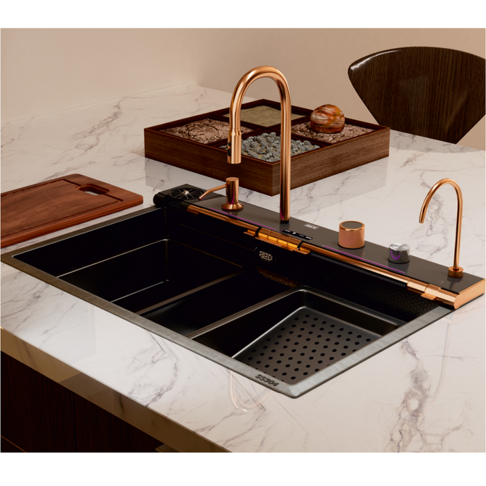 Bassino Premium Smart Kitchen Sink – 304 Stainless Steel | Piano Switch Control | Black PVD Coated | Pull-Out Faucet | Cup Washer | RO Tap | Drainage Knob | 30x18x9