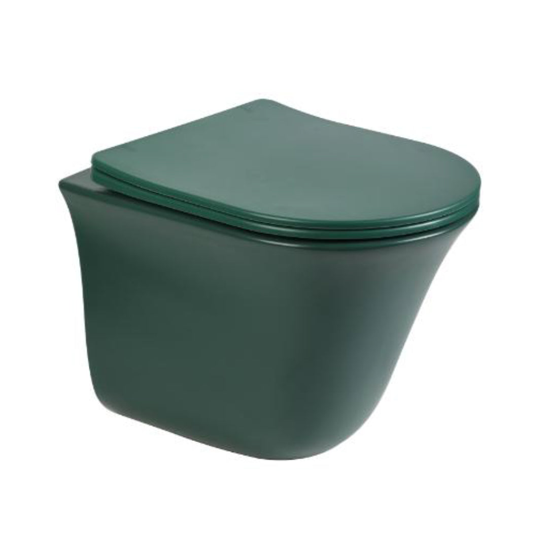 Bassino Ceramic Wall Mount/Wall Hung Western Toilet/Commode/Water Closet /European Commode P Trap Outlet Is From WALL With Soft Close Seat Cover For Bathrooms (Size : 470*355*365mm) MATT GREEN