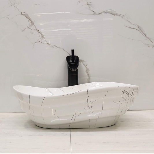 BASSINO Art Marble Wash Basin Countertop, Tabletop Ceramic finish Bathroom Sink/basin (White , Black, 455x345x140mm)