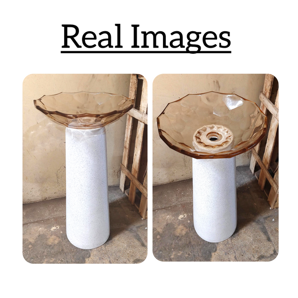 Glass Pedestal Wash Basin,size-16x16x34 Inch White With Amber