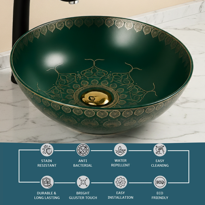 Designer Round Ceramic Countertop Basin (Matt Green With Golden Pattern –  16 x 16 x5 In- AB678)