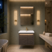 Wall-mounted bronze-grey bathroom vanity set with wave-textured cabinet doors, white basin, mirrored storage cabinet, and integrated LED lighting.