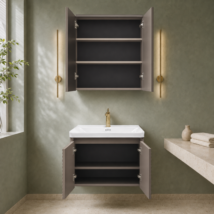 Wall-mounted bronze-grey bathroom vanity set with wave-textured cabinet doors, white basin, mirrored storage cabinet, and integrated LED lighting.