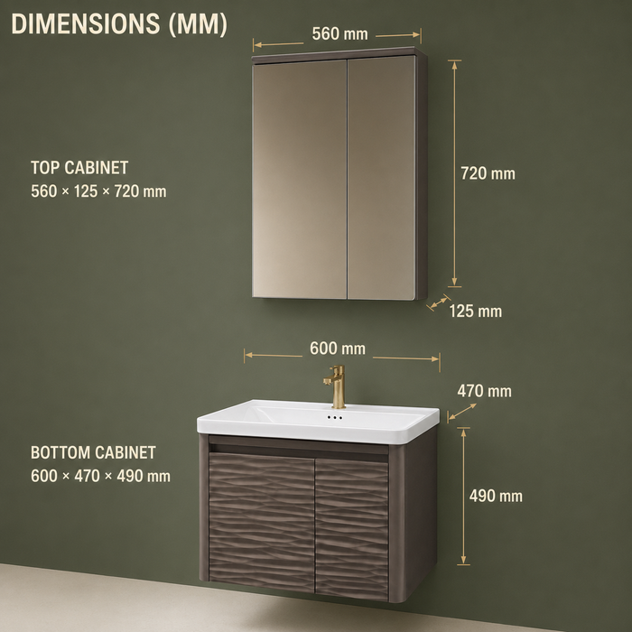 Wall-mounted bronze-grey bathroom vanity set with wave-textured cabinet doors, white basin, mirrored storage cabinet, and integrated LED lighting.