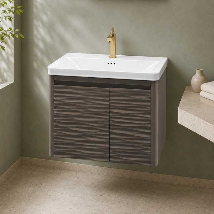 Wall-mounted bronze-grey bathroom vanity set with wave-textured cabinet doors, white basin, mirrored storage cabinet, and integrated LED lighting.