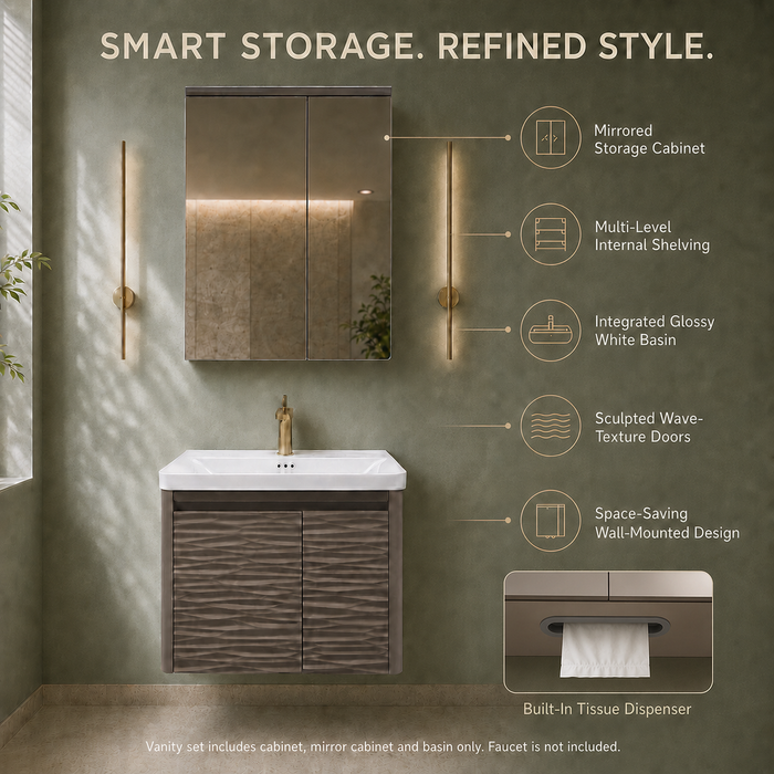Wall-mounted bronze-grey bathroom vanity set with wave-textured cabinet doors, white basin, mirrored storage cabinet, and integrated LED lighting.