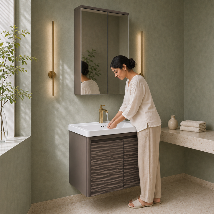 Wall-mounted bronze-grey bathroom vanity set with wave-textured cabinet doors, white basin, mirrored storage cabinet, and integrated LED lighting.