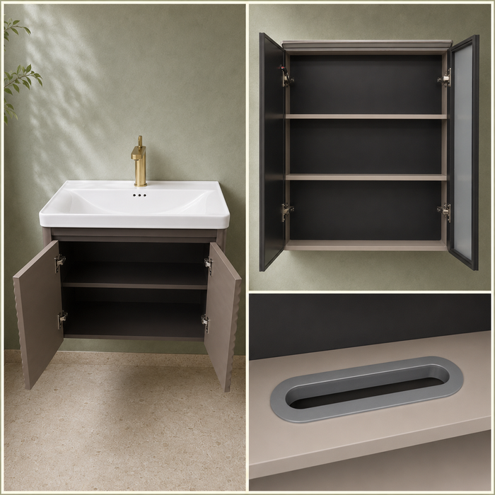 Wall-mounted bronze-grey bathroom vanity set with wave-textured cabinet doors, white basin, mirrored storage cabinet, and integrated LED lighting.