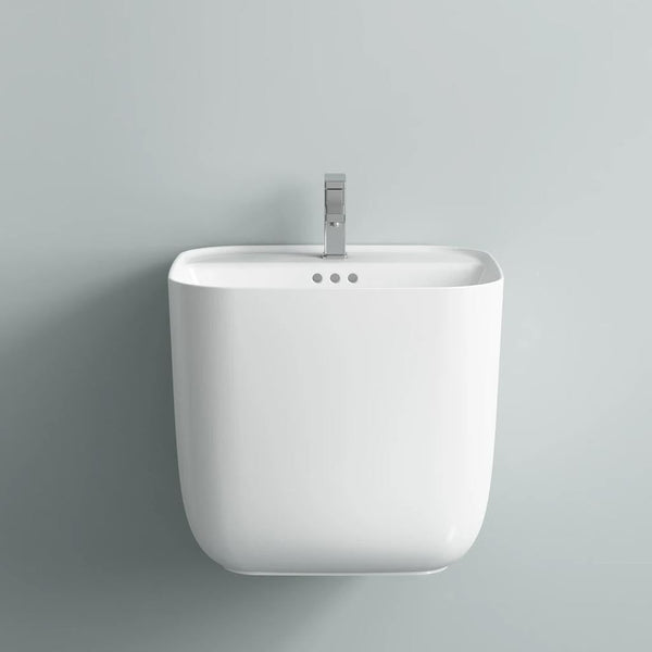 Premium Ceramic Wall mount Half Pedestal Wash Basin, White Finish (17 × 18 × 16 In)
