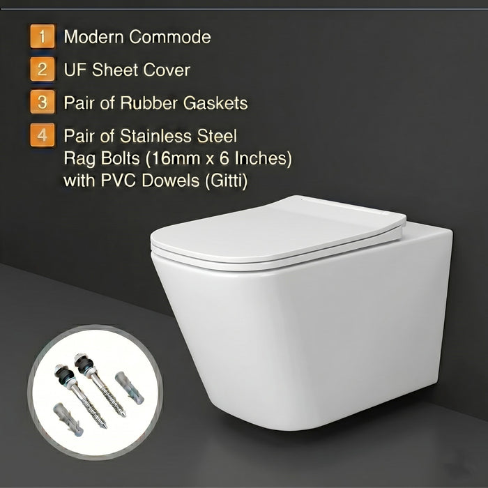 Bassino Wall Hung Rimless Toilet – White Glossy Finish with UF Seat Cover | Modern Compact WC | | 20.5 x 13.5 x 14 inches