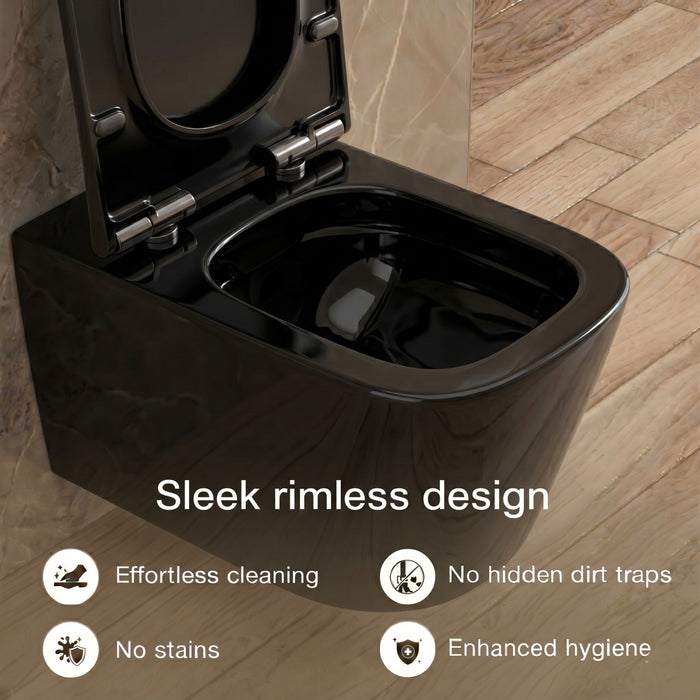 Bassino Wall Hung Toilet – Glossy Black | 20.5 x 13.5 x 14 Inches Modern WC