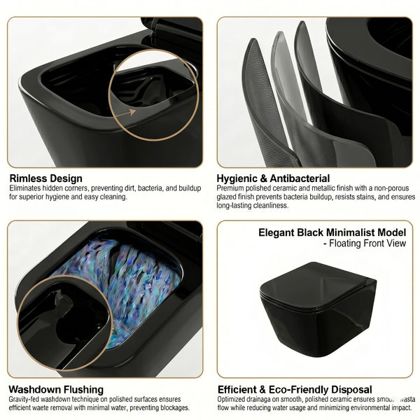 Bassino Wall Hung Toilet – Glossy Black | 20.5 x 13.5 x 14 Inches Modern WC