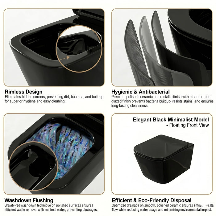Bassino Wall Hung Toilet – Glossy Black | 20.5 x 13.5 x 14 Inches Modern WC