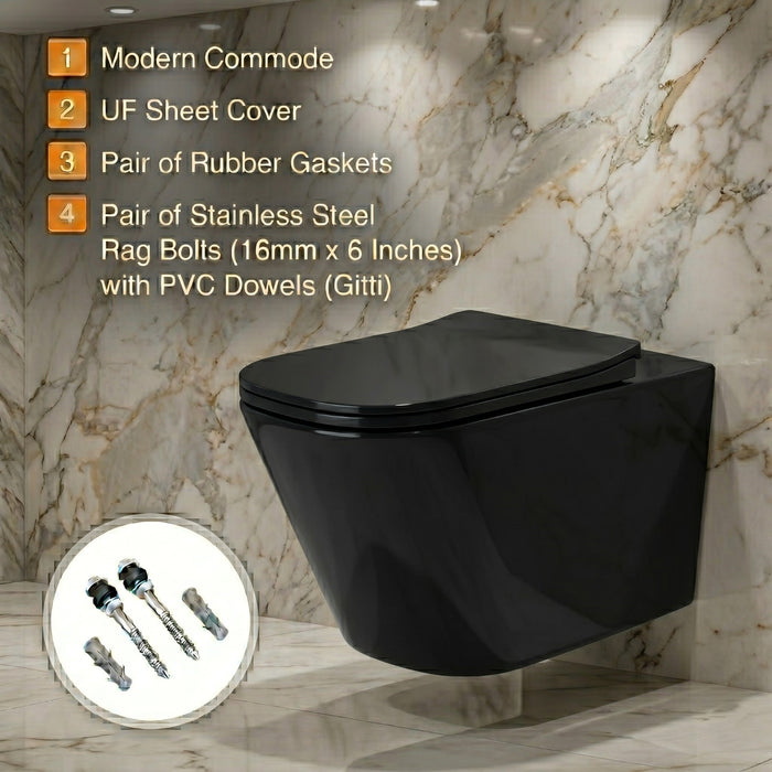 Bassino Wall Hung Toilet – Glossy Black | 20.5 x 13.5 x 14 Inches Modern WC