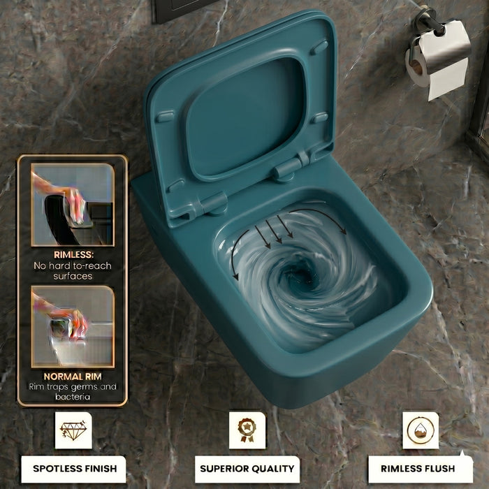 Bassino Wall Hung Toilet (21 x 13 x 14 Inches) – Matte Green Rimless WC with Tornado Flushing | Modern Designer Toilet
