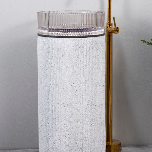 Glass Pedestal Wash Basin,size-16x16x34 Inch, SULIT51/52/53 White Sand Stone