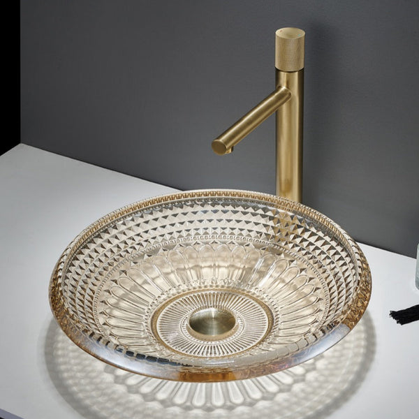 Bassino Modern Transparent Glass Wash Basin | Stylish Countertop Wash Basin for Bathroom–450x450x120 mm Brown