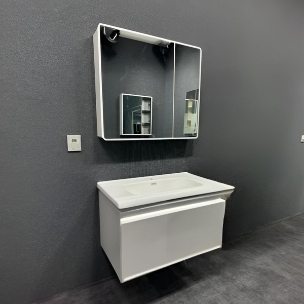 Plywood Bathroom Vanity Set with Ceramic Basin, LED Sensor Main Cabinet and LED Mirror Cabinet with Defogger function