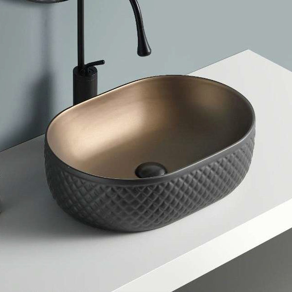 Premium Black Brown Ceramic Table Top Basin (20x14x6 In) BTT-11079