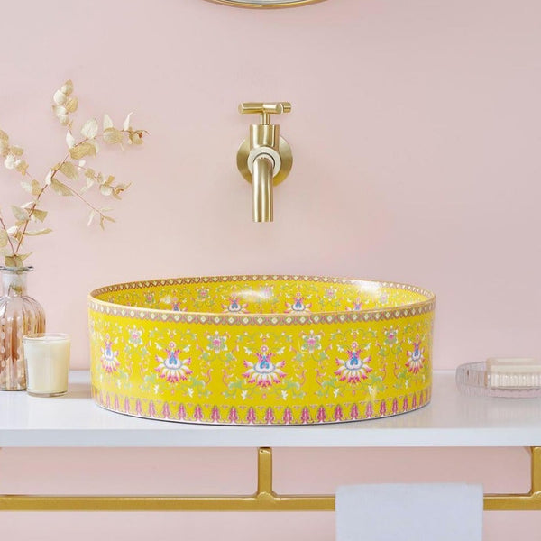 Designer Round Ceramic Wash Basin (Glossy Blue with Moroccan Art Design 16 x 16 x 5 In- AB604) Yellow