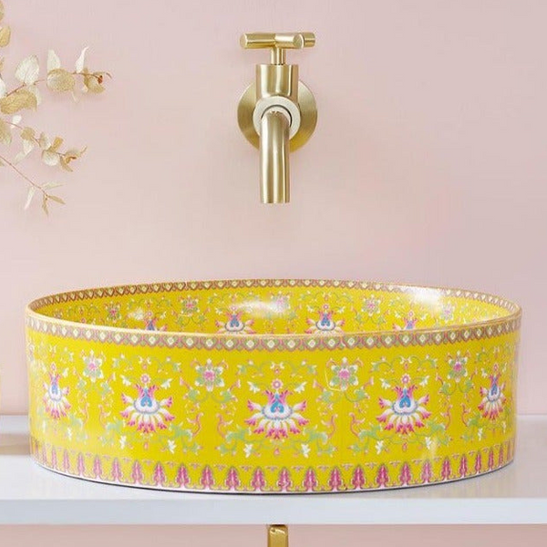 Designer Round Ceramic Wash Basin (Glossy Blue with Moroccan Art Design 16 x 16 x 5 In- AB604) Yellow