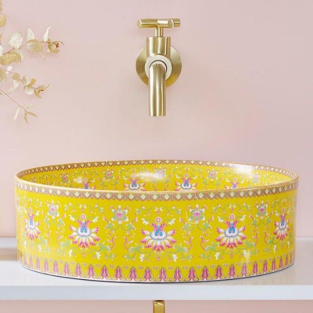 Designer Round Ceramic Wash Basin (Glossy Blue with Moroccan Art Design 16 x 16 x 5 In- AB604)