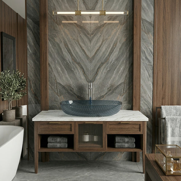 Bassino Blue Faceted Glass Countertop Wash Basin – Premium Oval Vessel Sink (21" x 16" x 4")