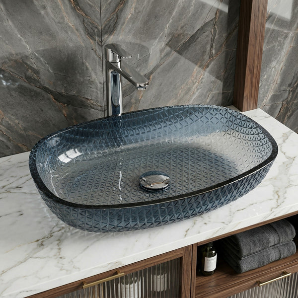 Bassino Blue Faceted Glass Countertop Wash Basin – Premium Oval Vessel Sink (21" x 16" x 4")
